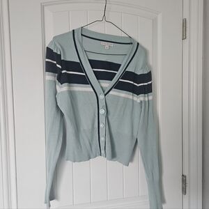 Eva Mendes Women's Striped Cardigan Sweater - Aqua